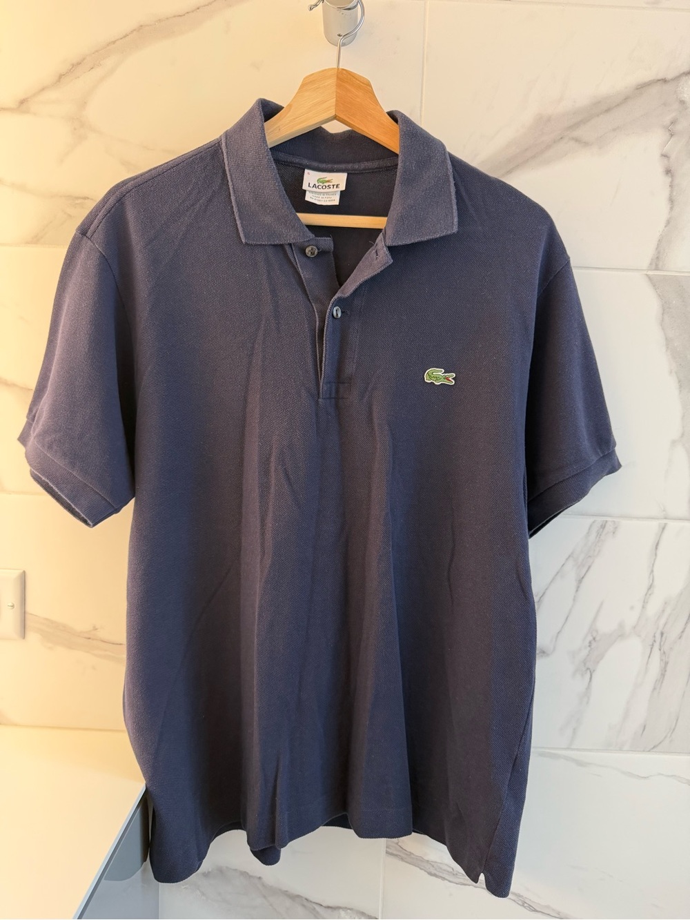 Lacoste Navy Cotton Pique Polo with Green Crocodile Logo